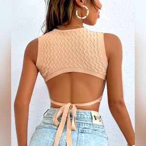 Stylish tan crop top with zigzag knit pattern.